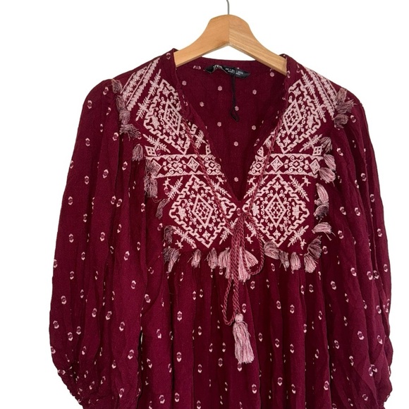 Zara Embroidered Mini Dress Balloon Sleeve V-Neck High Collar Red White Tassel - Picture 3 of 8